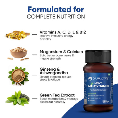 Dr. Vaidya’s Men’s Multivitamin Tablet | Natural Multivitamin for Men Enriched with Ayurvedic Herbs | Goodness of Vitamin C tablets, Vitamin D, Calcium, Vitamin D3, and Magnesium Supplement | 60 Tablets