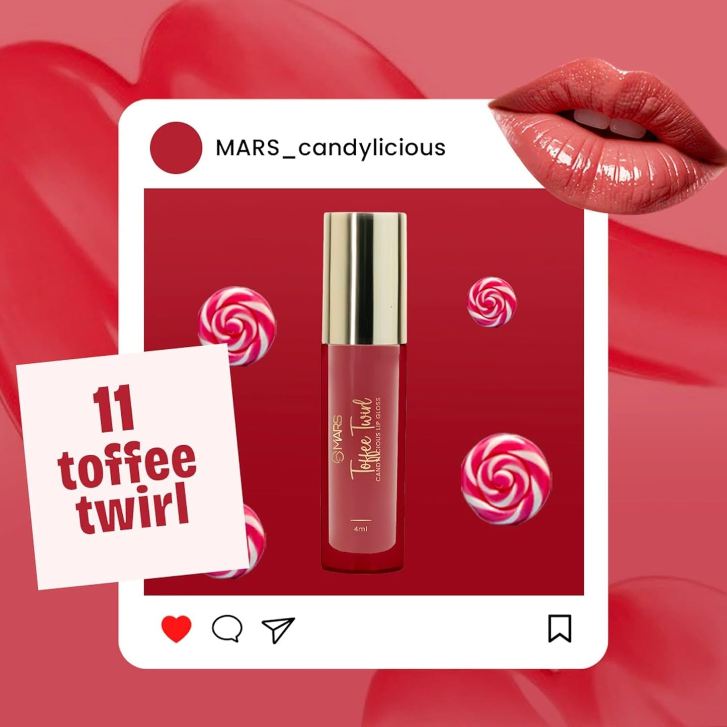 MARS Candylicious Sheer Lip Gloss for Women | Hydrating & High Shine | Lightweight | Non-Sticky | Enriched with Vitamin-E, Hyaluronic Acid & Avocado Ester (4.0ml) (11-TOFFEE TWIRL)