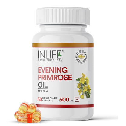INLIFE Evening Primrose Oil Capsules 500mg | 10% Gamma Lionlenic Acid | Supplement for Hair and Skin - 60 Liquid Filled Capsules (Pack of 1)