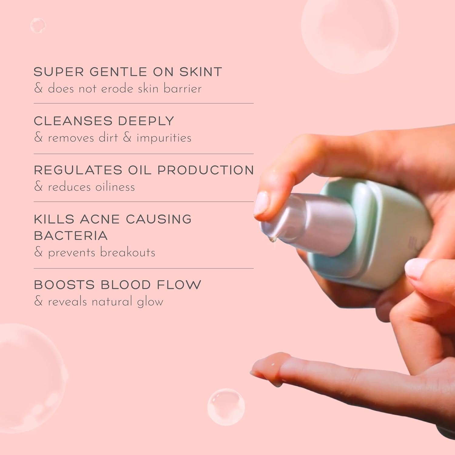Hand holding a skincare product with text about its benefits on a pink background