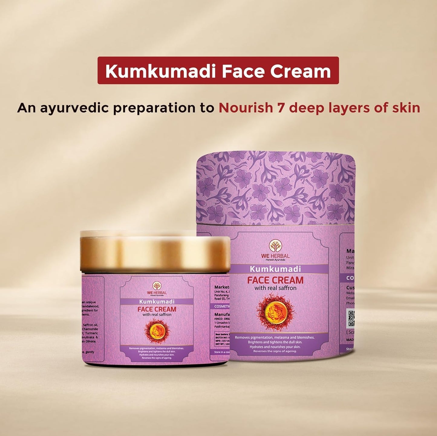 WE HERBAL Kumkumadi Face Cream for Fairness, Radiant Glow, Skin Brightening & Firming, 50gm Ayurvedic Moisturizer with Natural Ingredients, No Artificial Chemicals, Fragrance or Colour