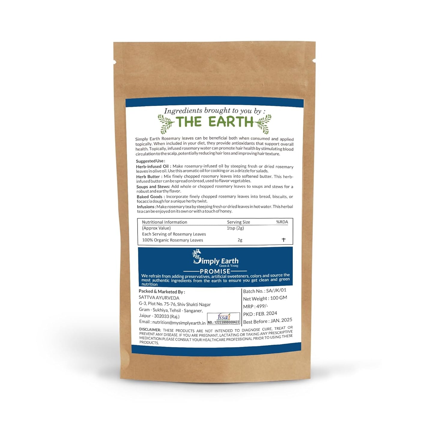 Simply Earth Rosemary Dried Leaves For Hair Growth | Top Grade Leaves Rosemary Herb Tea | Organic | Natural Foods - 100 GM