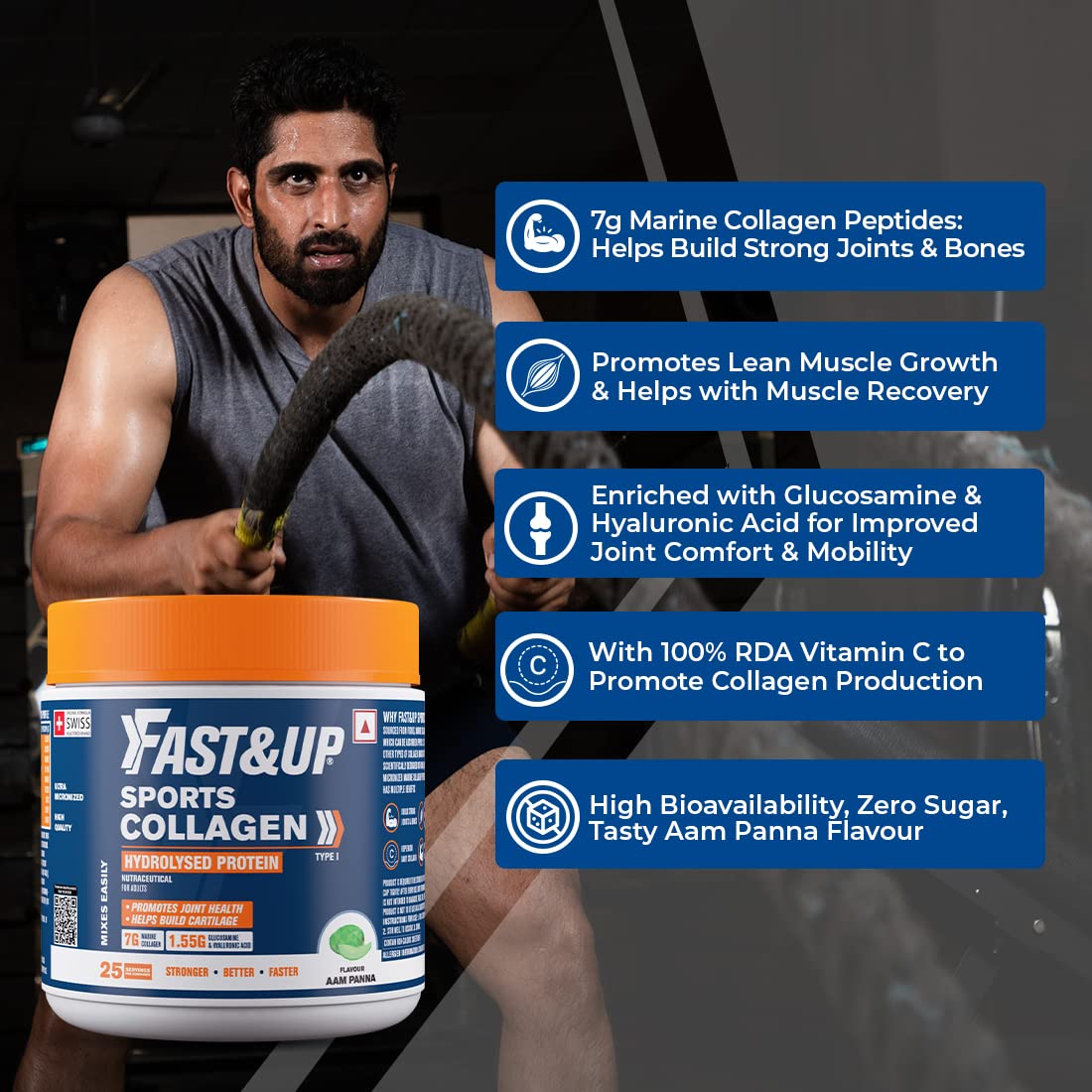 Man holding a ram with FAST&UP Sports Collagen container, featuring product benefits on screen