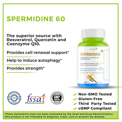 Haleup 99% Spermidine Trihydrochloride with Resveratrol| For Healthy Ageing | Autophagy| Cell Renewal | Immunity| Skin and Hair | Cognitive Support (1 pack X 60s count)