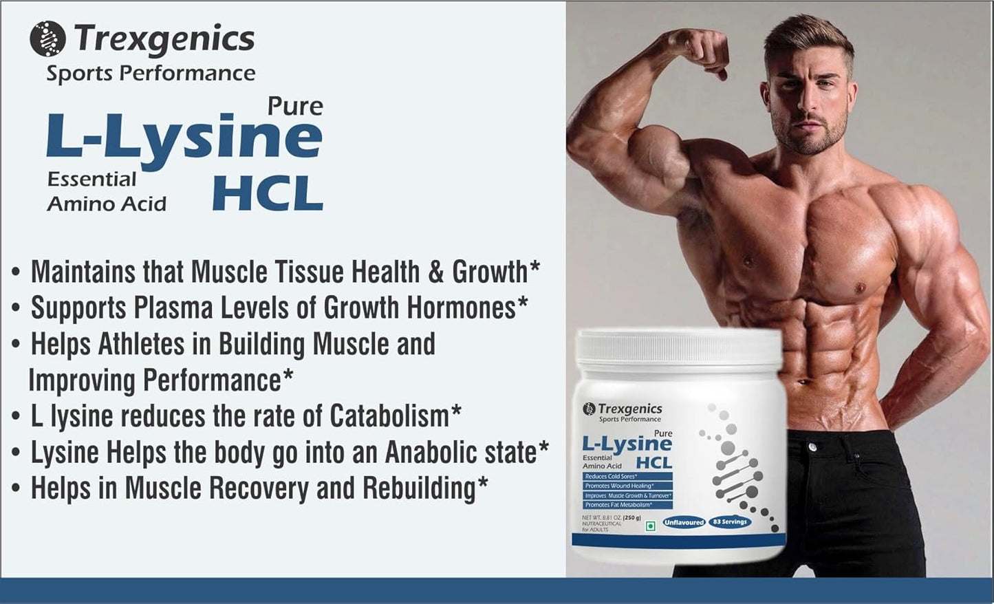 Trexgenics L-LYSINE HCL PURE POWDER Essential amino acid Cold Sores, Immunity, Muscle Mass, Skin, Hair Support 83 Servings (250 GRAM)