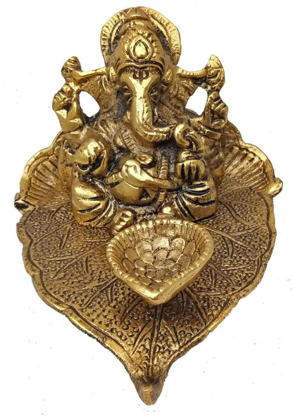 Leaf Ganesh god Idol Decorative murti with Diya Decorative Showpiece for car and Home Temple