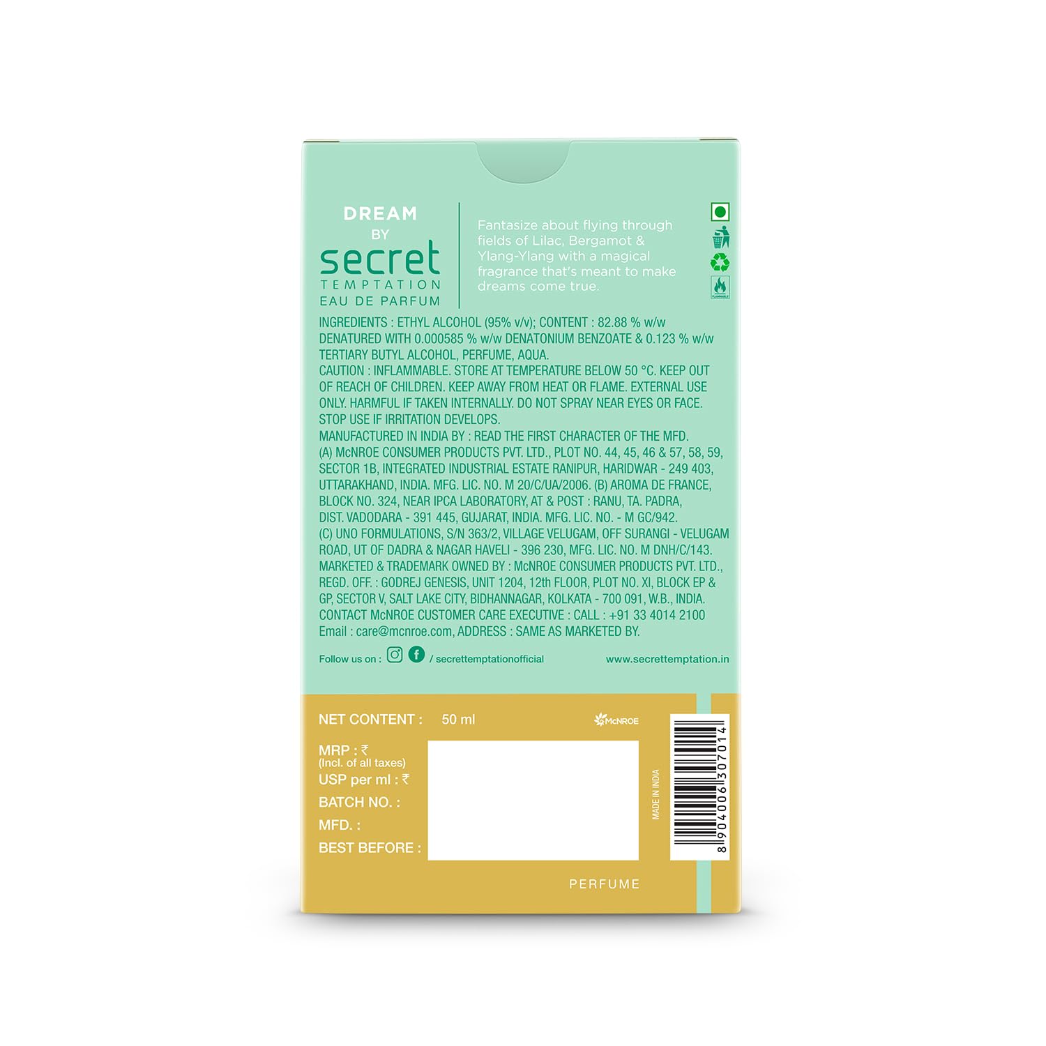 Back of a perfume packaging with text and branding on a white background