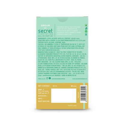 Back of a perfume packaging with text and branding on a white background
