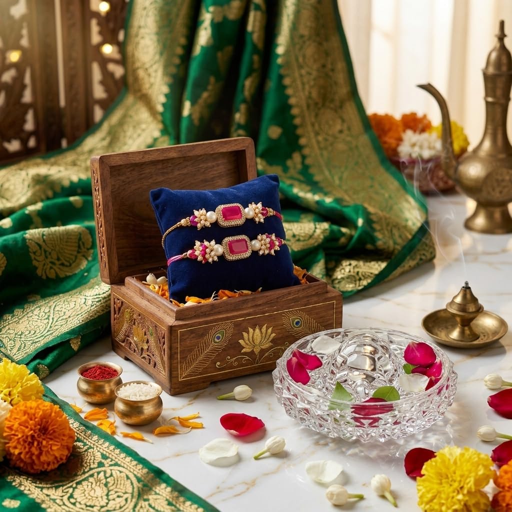 SAUDEEP INDIA Feng Shui Crystal Tortise with Plate for Good Luck with Lumba/Couple Rakhi Set Brother Bhabhi | Turtle for Vastu Home Decor(Couple Rakhi with Gift Hamper)