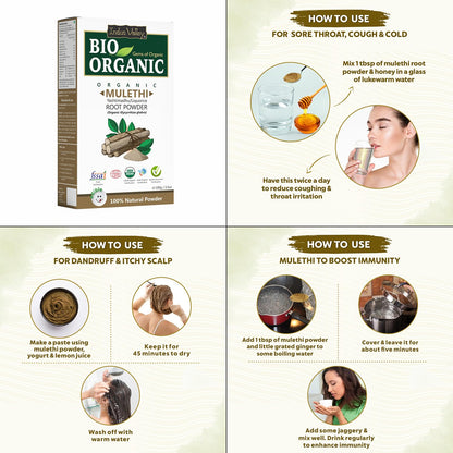 Bio Organic Mulethi Root Powder packaging with usage instructions on a beige background