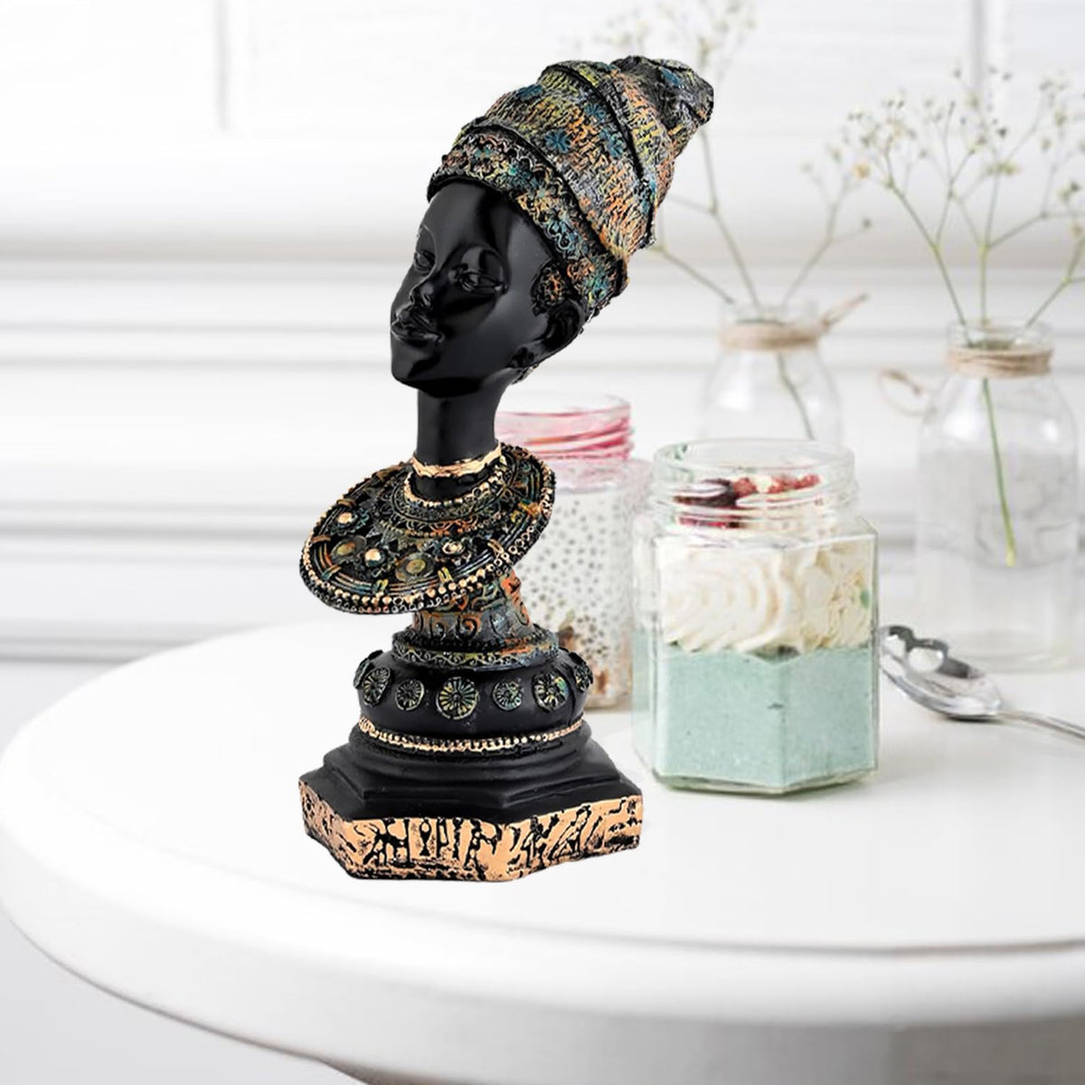 African Lady Statue with Pot|Graceful and Cultural Home Décor (Pack of 1, Black, Green & Golden, Model 1)