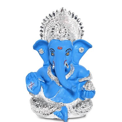 999 Silver Plated Resin Lord Ganesha Idol for Car Dashboard, Tabletop|Ganesh Statue for Good Luck and Success|Ganpati Murti for Home Decor Mandir, Office Desk Puja Gift Blue (8.4x4.2cm)