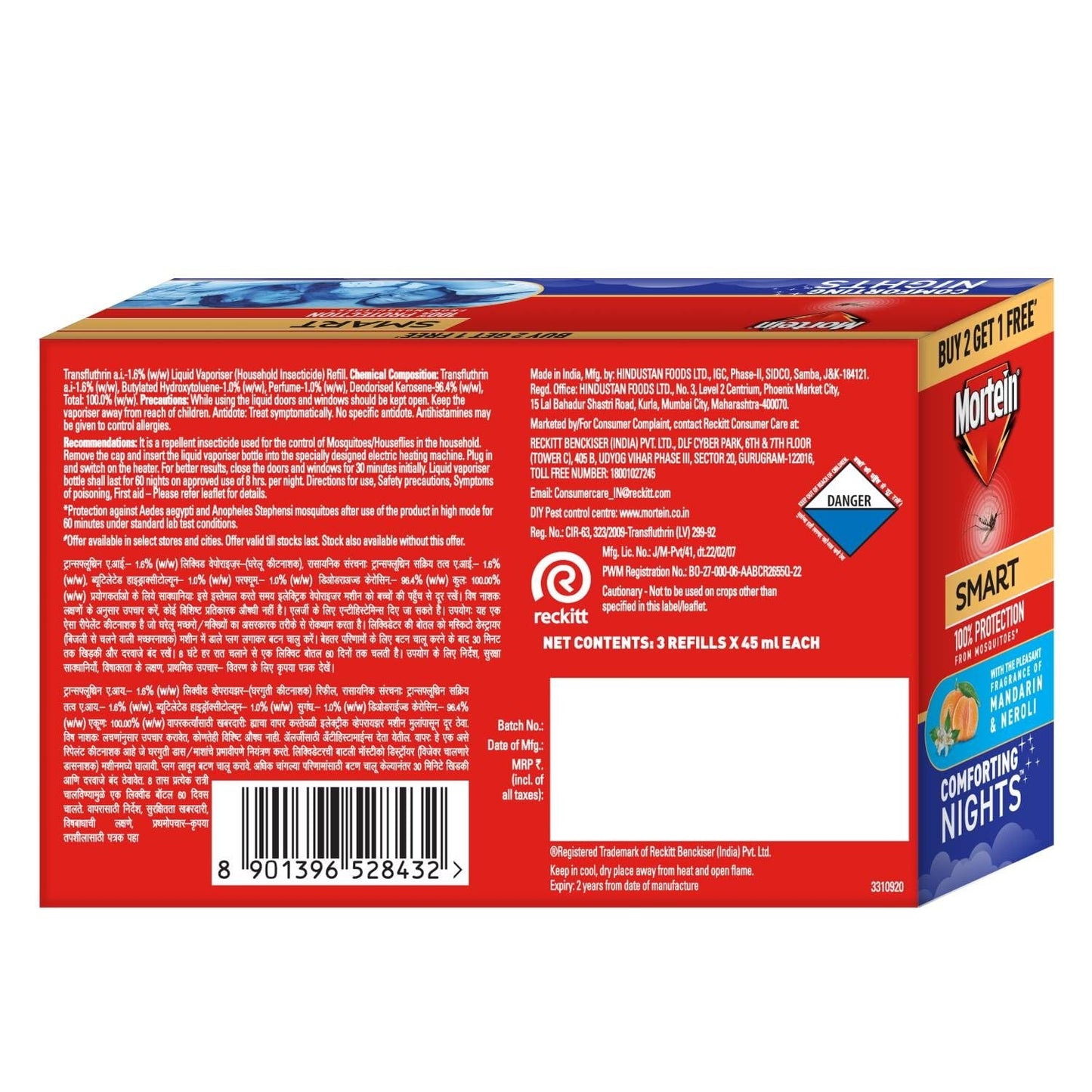 Mortein 45ml x 3 Refills With The Pleasant Fragrance of Mandarin & Neroli Liquid| Fits All Machines | Smartplus Mosquito Killer | 100% Protection from Mosquitoes | Insect & Mosquito Repellent