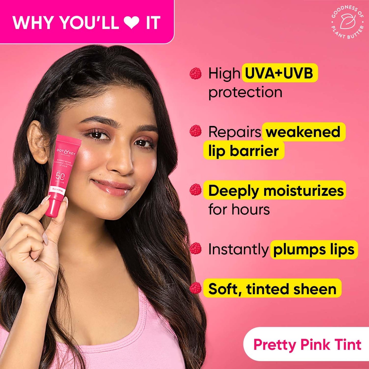 Zephivo Dot & Key Ceramide & Peptide Barrier Repair Lip Balm SPF 50, PA+++ |Plush Pink | UVA/UVB Lip Protection | Soft Tinted Lip Moisturizer | Boosts Collagen & Instantly Plumps Lip | Prevents Pigmentation | Lip Balm for Women | 10gm
