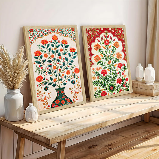 Floral Art Paintings with Frame for Home Decor, Madhubani Wall Painting for Living Room, Multicolor, Natural Wood Color Frames, 12.0 x 18.0 inch, Set of 2