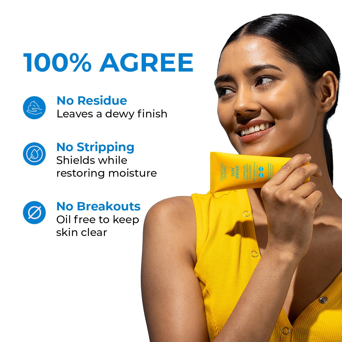 Woman holding a skincare product with features listed on a white background