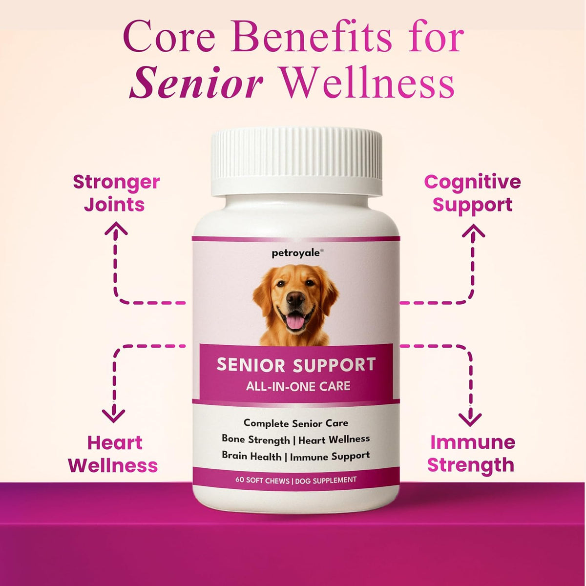 Petroyale Senior Support Dog Supplements – All-in-One Senior Dog Supplements for Mobility, Hip & Joint, Brain, Heart & Eye Health – Immune Support Vitamins (Dog Senior Support 60 Soft Chews)