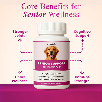 Petroyale Senior Support Dog Supplements – All-in-One Senior Dog Supplements for Mobility, Hip & Joint, Brain, Heart & Eye Health – Immune Support Vitamins (Dog Senior Support 60 Soft Chews)