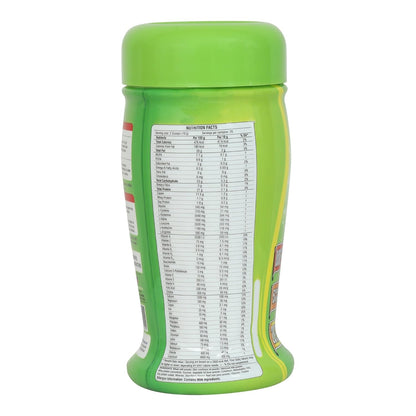 Green container with nutrition facts label on a white background
