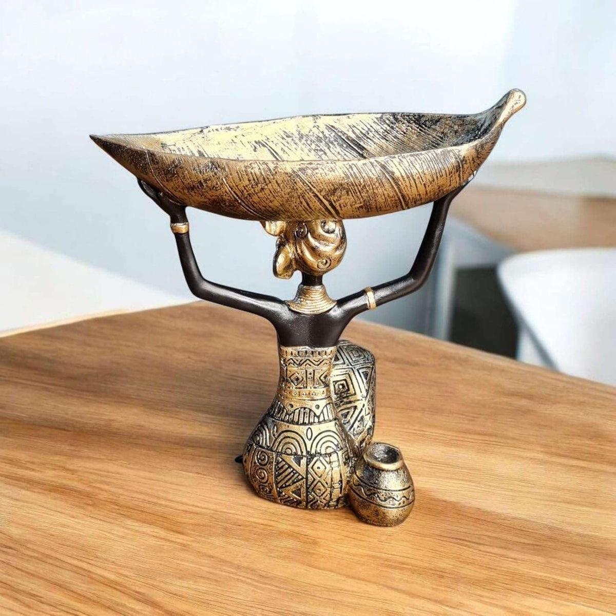 Polyresin African Lady Idol for Home Decor | Decorative Tribal Woman Holding Leaf Bowl Showpiece | Modern Art Table Accent | 20x15x23 cm | Regular Quality