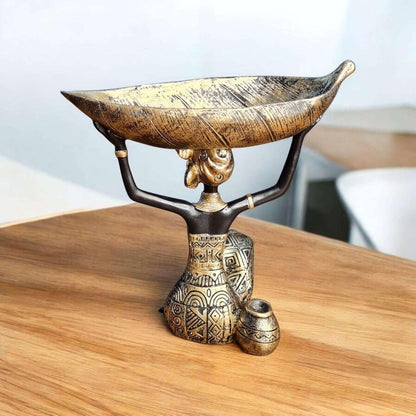 Polyresin African Lady Idol for Home Decor | Decorative Tribal Woman Holding Leaf Bowl Showpiece | Modern Art Table Accent | 20x15x23 cm | Regular Quality