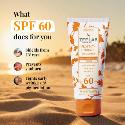 Tube of Zeelab Pharmacy sunscreen with SPF 60 on a desert background
