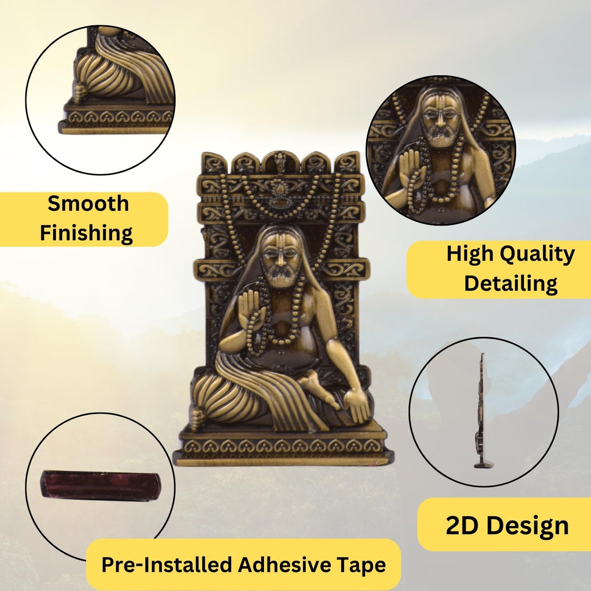 Shri Raghavendra Swami Idol for Car Dashboard | Sri Raghavendra Swamy Murti | Spiritual Blessings & Protection | Golden, Silver Black, Copper, Brass Finishes | Anti-Slip Base(S979-BRS)