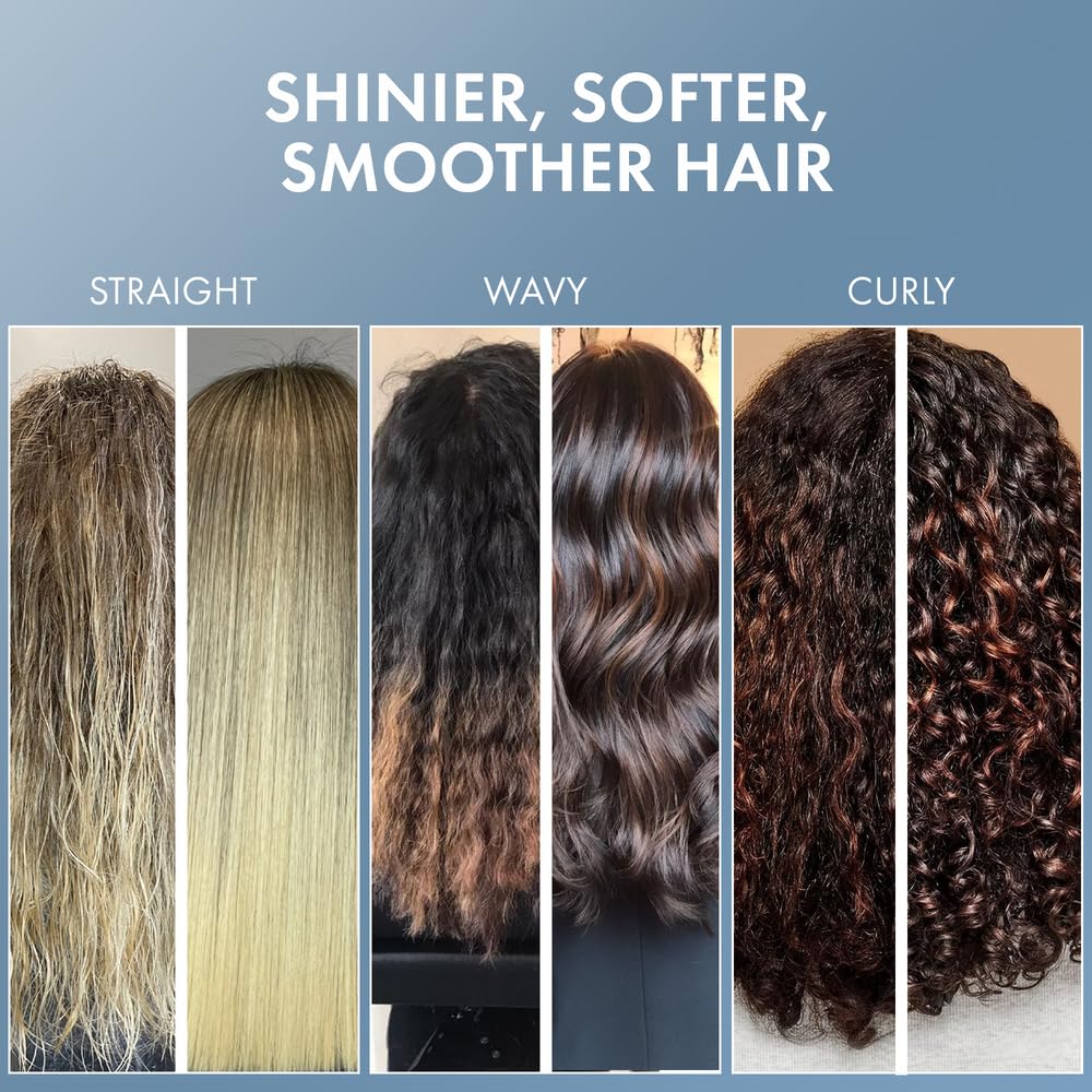 Comparison of straight, wavy, and curly hair textures with text 'Shinier, Softer, Smoother Hair'.