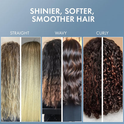 Comparison of straight, wavy, and curly hair textures with text 'Shinier, Softer, Smoother Hair'.