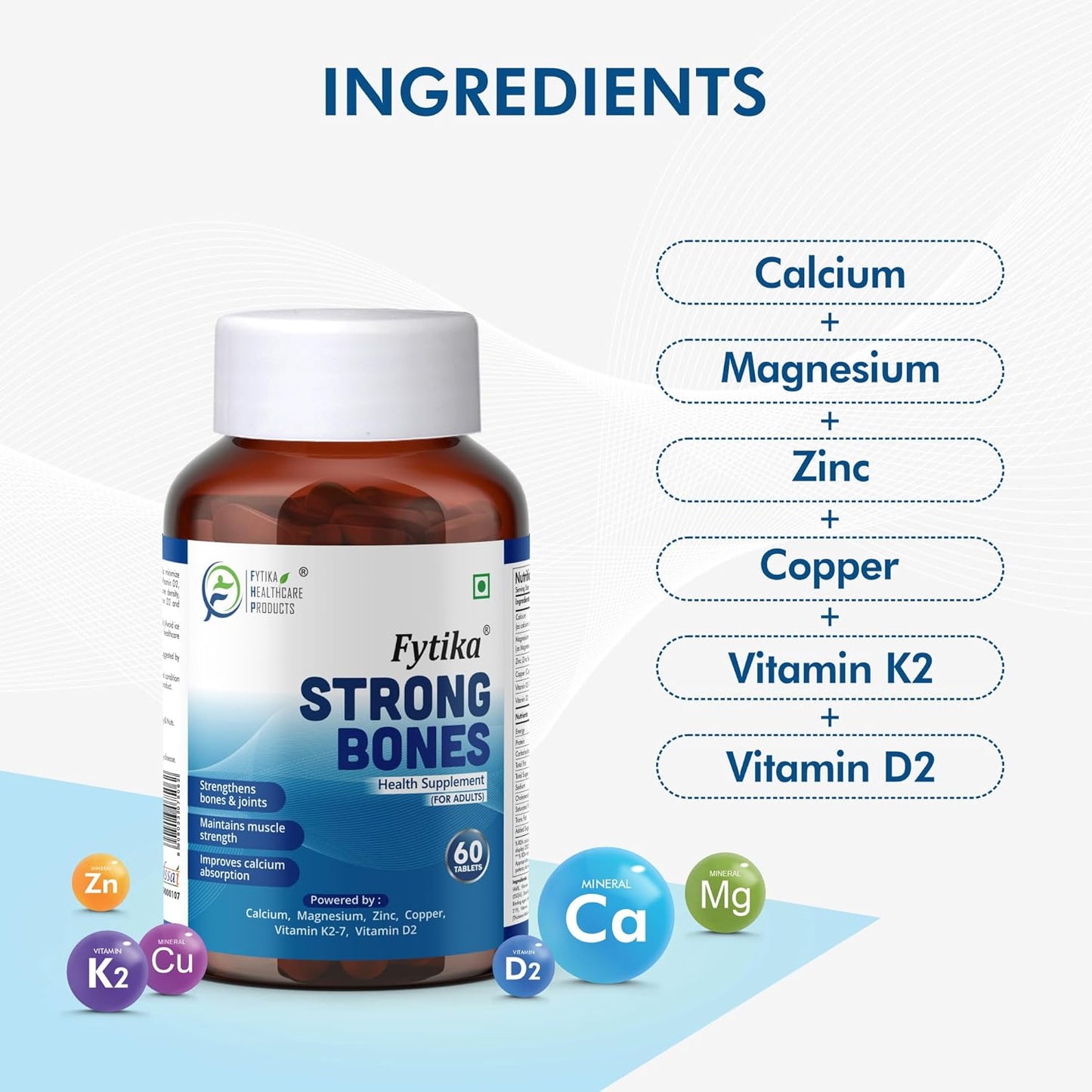 Fytika Strong Bones supplement bottle with ingredients listed on a white background