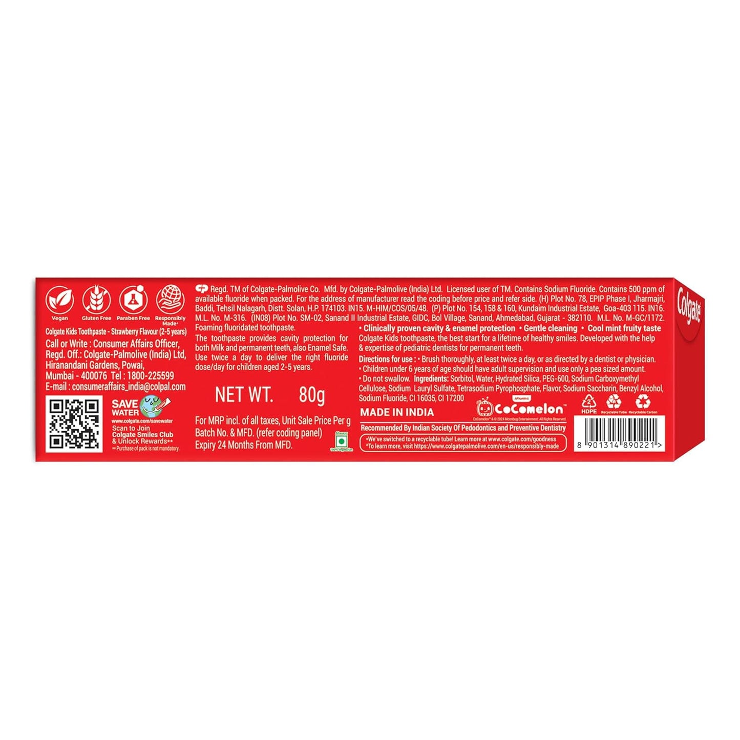 Colgate Kids Tiger Toothpaste for 2-5 Years - 80gm, Tooth Paste with 50% Lesser Abrasive Formula for Protecting Against Cavities (Strawberry Flavour)