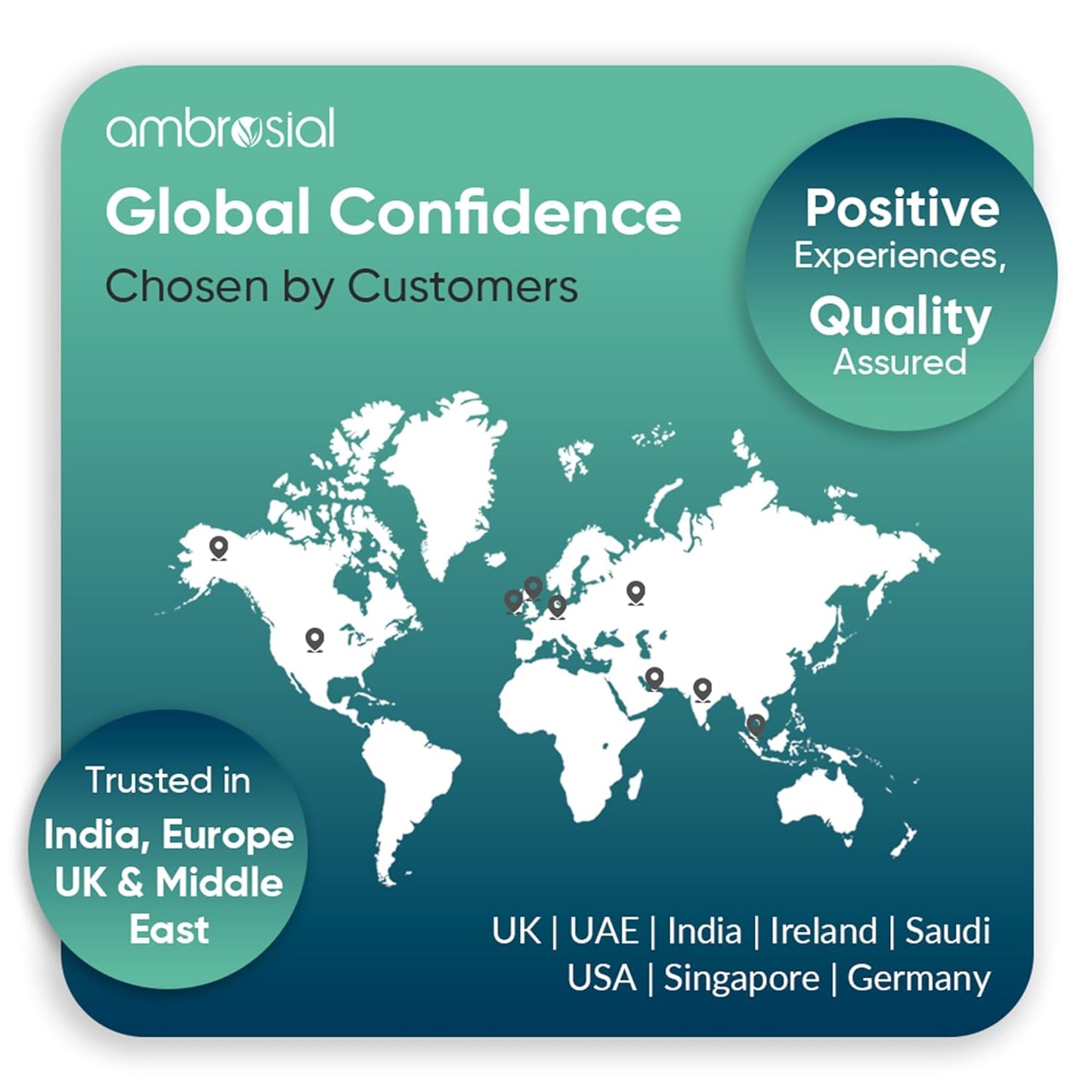 World map withpinpoints and text about global confidence and customer trust, branded with Ambrosial.