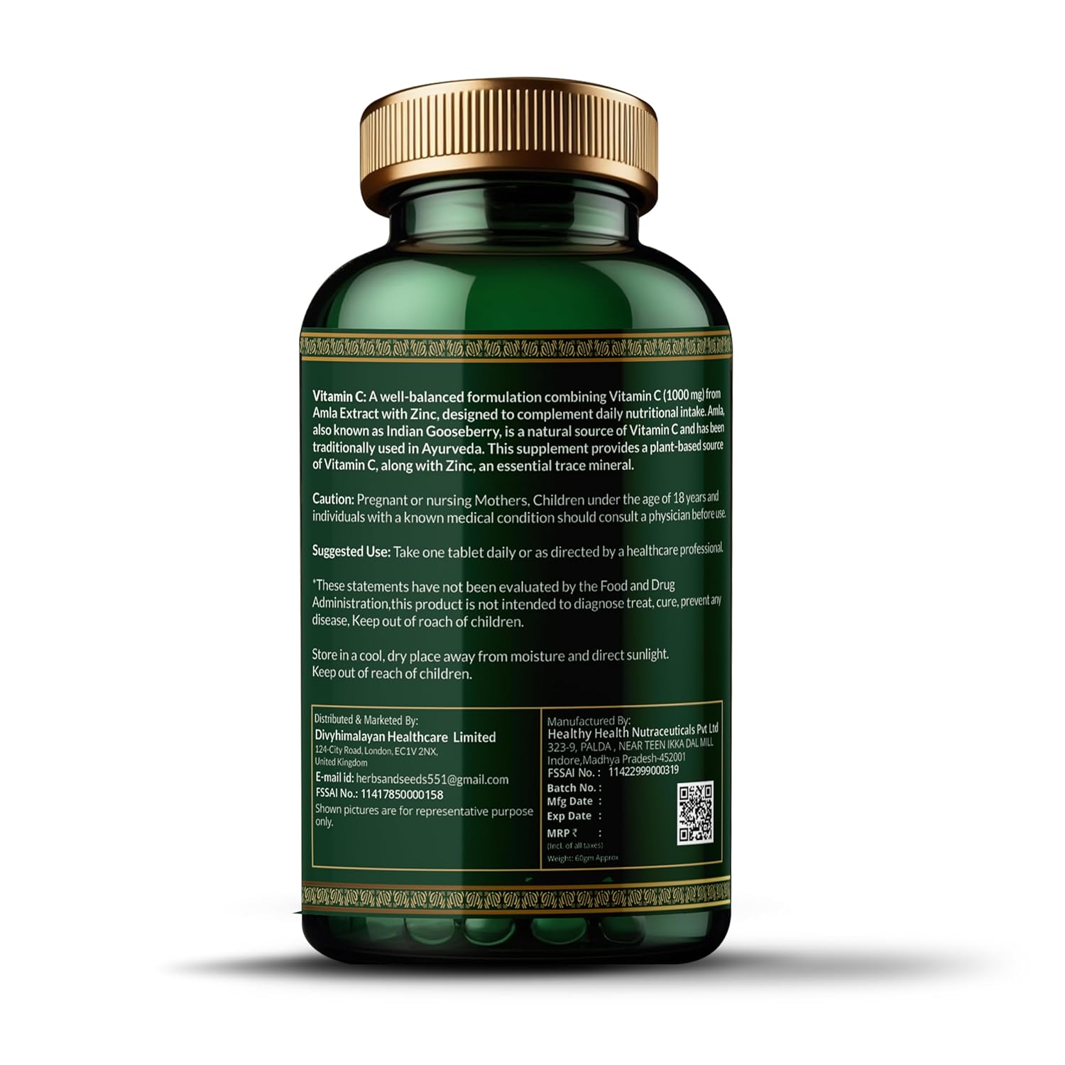 Green supplement bottle with gold cap on a white background