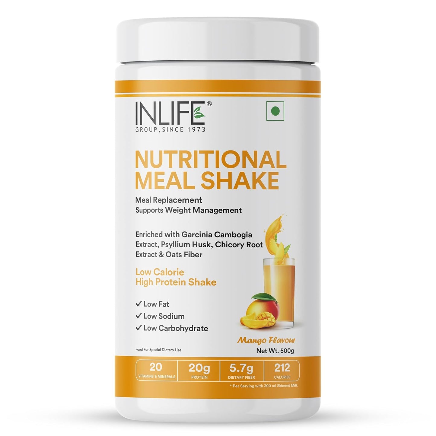 INLIFE Meal Replacement Shake | Nutritional Meal Protein Shake | Sugar Free, 20g Protein, 5g Fiber, 207 Calories, 500g (Mango)