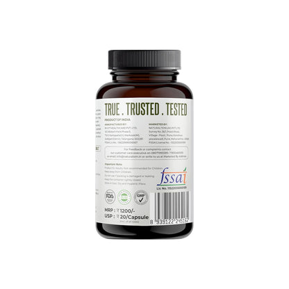 Brown supplement bottle with white label on a white background
