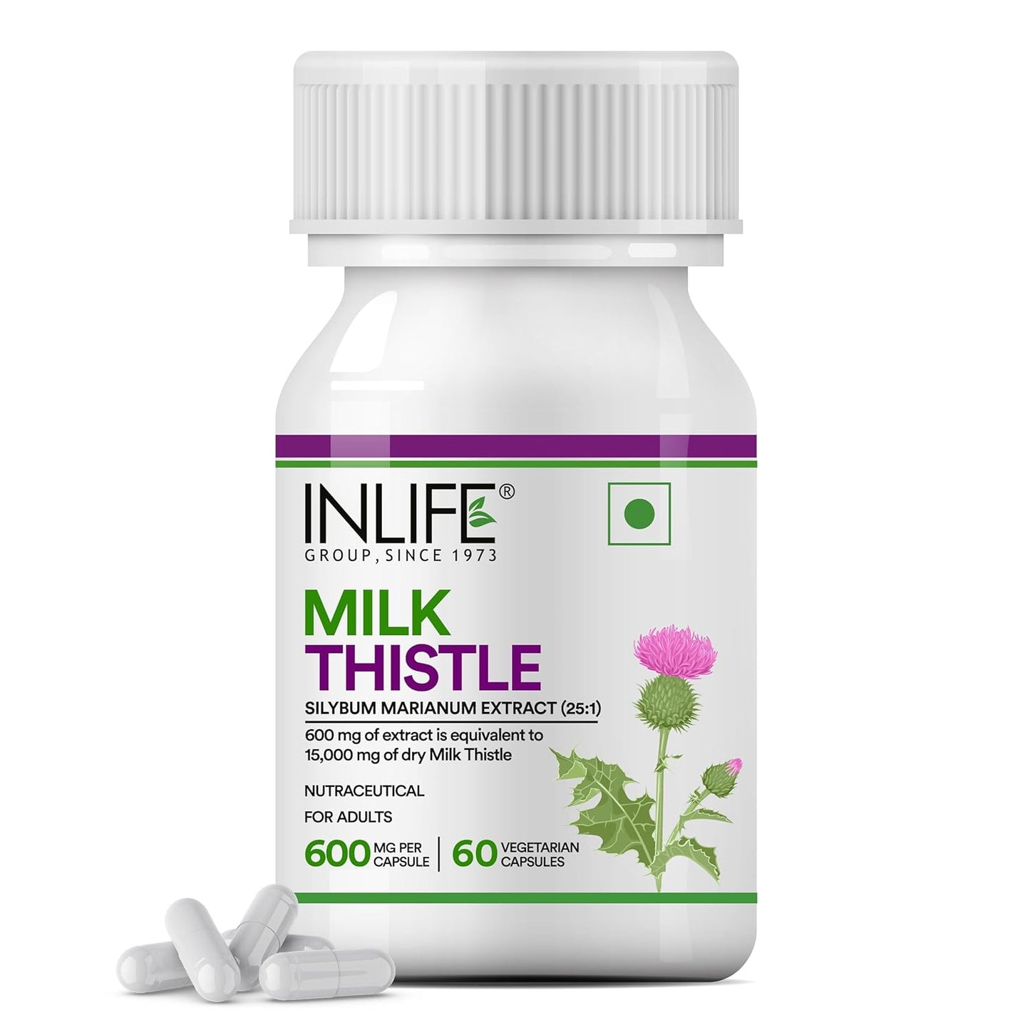 INLIFE Milk Thistle Extract 600mg Capsules | Silybum Marianum Liver Support Supplement | Men and Women - 60 Vegetarian Caps (Pack of 1, 60)