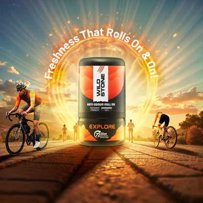 Wild Stone anti-odor roll on with cyclists and sunset background