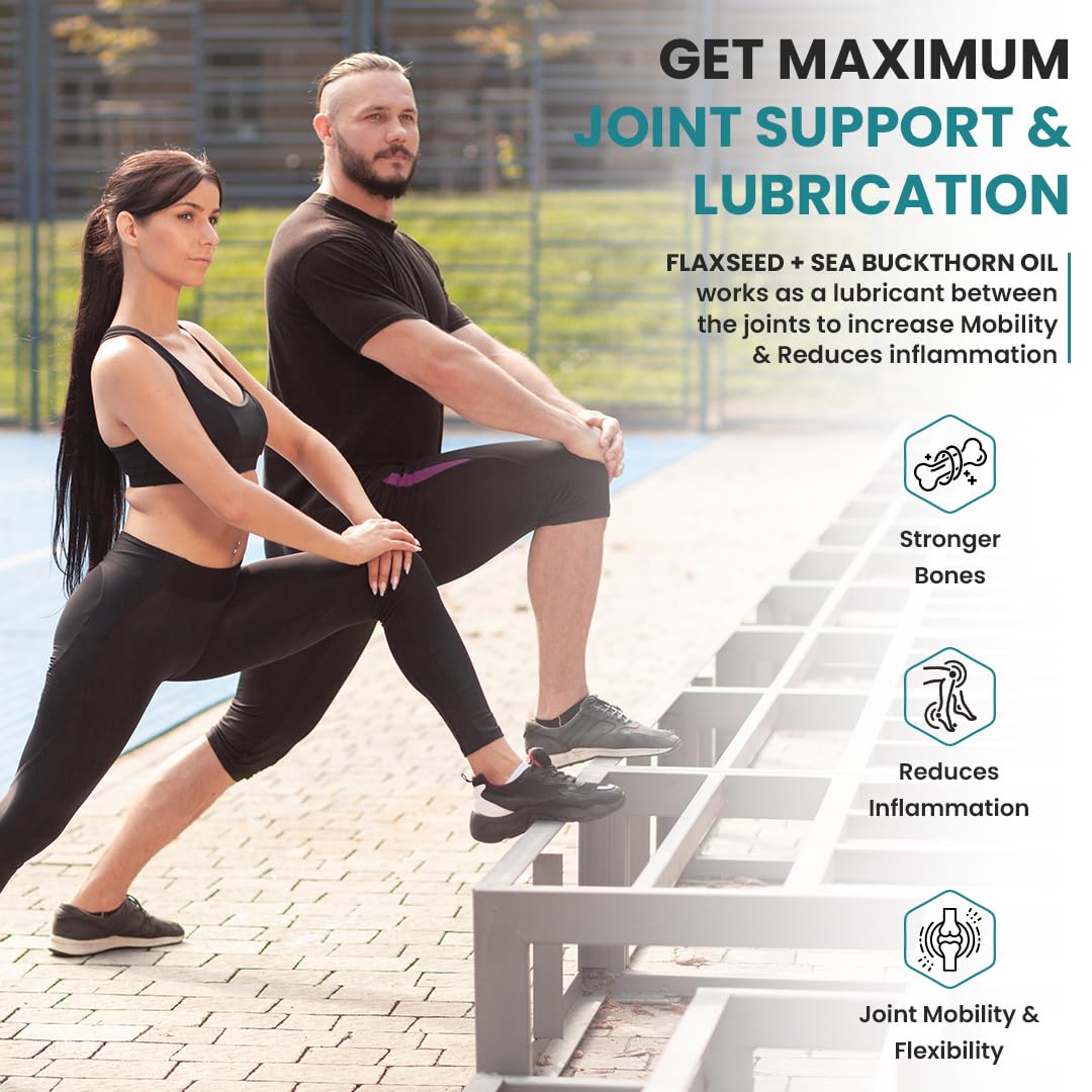 Two people exercising outdoors with text about joint support and lubrication.