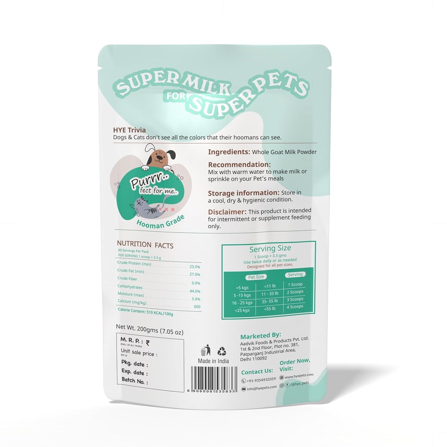 HYE Pets Full Fat Goat Milk Powder for Dogs & Cats | 200g