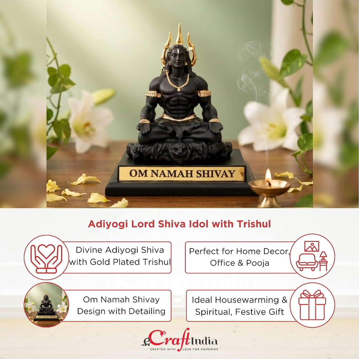 eCraftIndia Adiyogi Lord Shiva Idol with Gold Plated Trishul | Om Namah Shivay Murti for Home Decor, Office Desk & Pooja | Spiritual Gift for Housewarming, Meditation & Festive