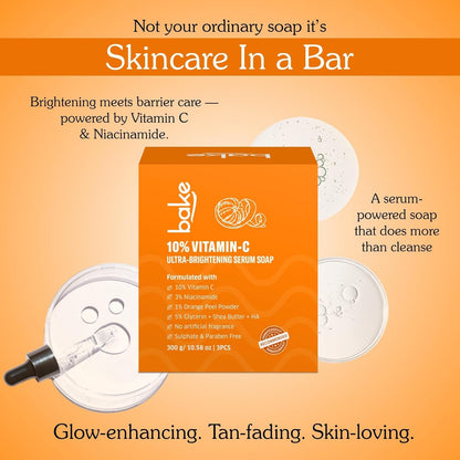 BAKE 10% Vitamin C Ultra Brightening Serum Soap (300g, Pack of 3) with 3% Niacinamide & Turmeric for Pigmentation, Sun Tan & Dark Spots | Exfoliates Dead Skin Cells, Removes Stubborn Marks | For Men & Women - 300g