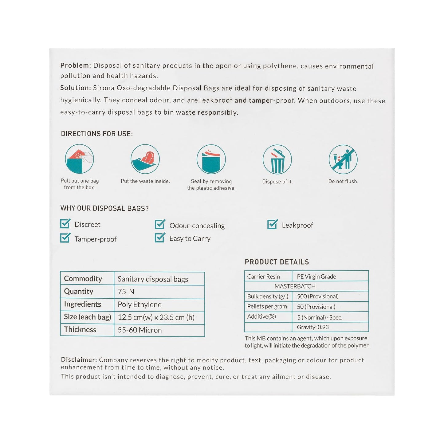 Product information sheet for Sirona Oxo-degradable Disposal Bags with usage directions and product details.