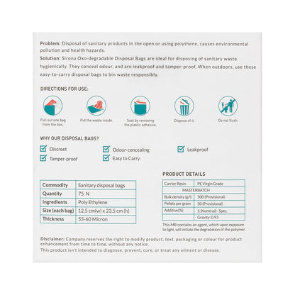 Product information sheet for Sirona Oxo-degradable Disposal Bags with usage directions and product details.