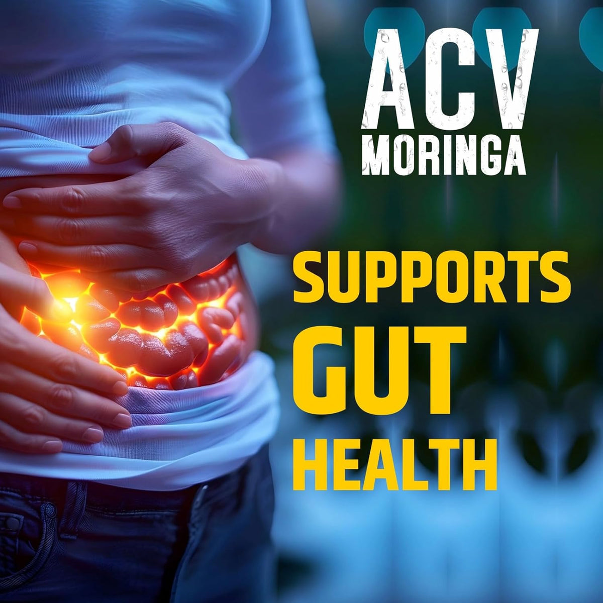 Person holding their stomach with glowing intestines, promoting ACV Moringa for gut health.