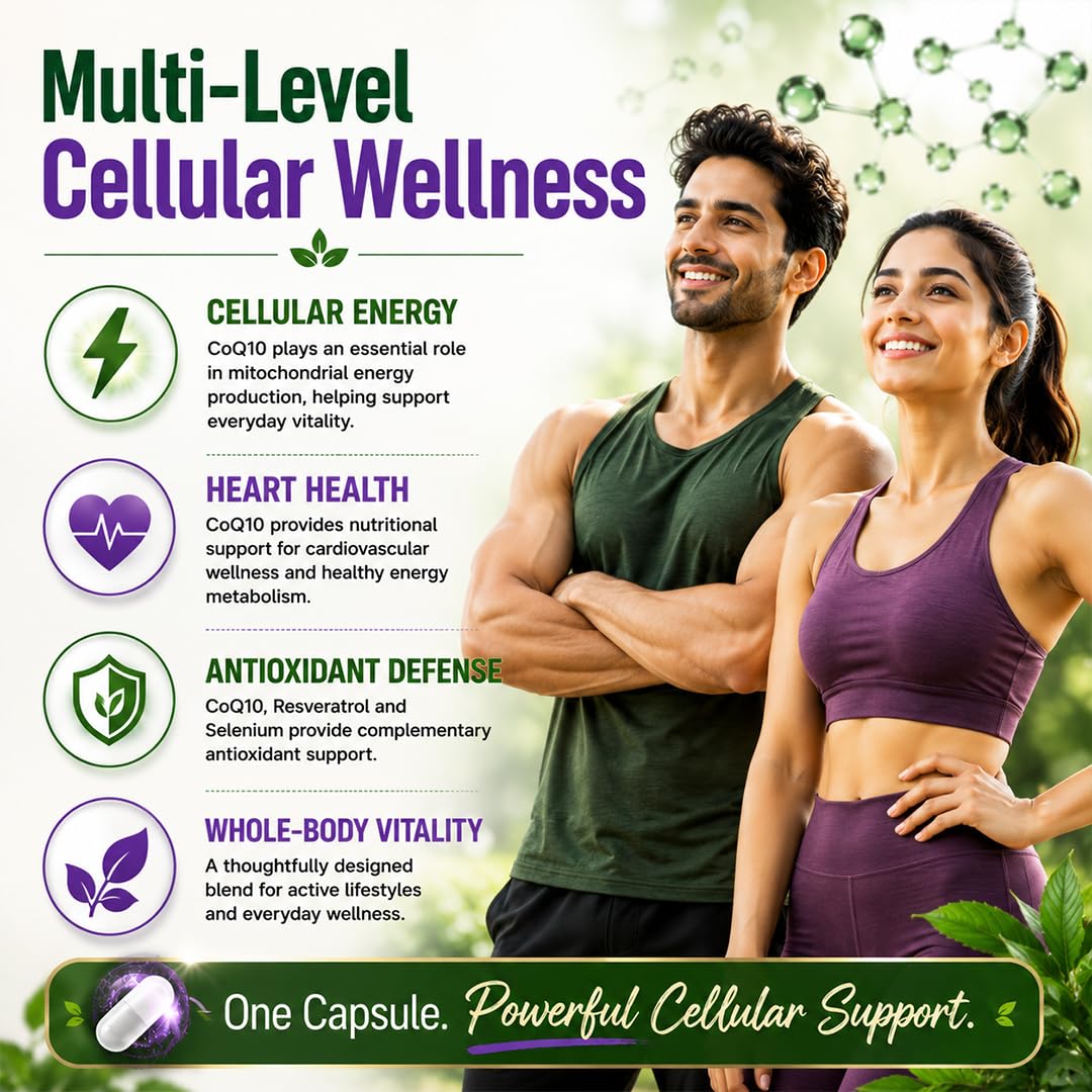 NATURYZ Liposomal CoQ10 200mg with Flaxseed, Resveratrol & Selenium | Advanced Cellular Energy & Antioxidant Formula | Black Pepper for Enhanced Nutrient Absorption | Supports Heart Health, Energy & Healthy Ageing 30 Veg Capsules
