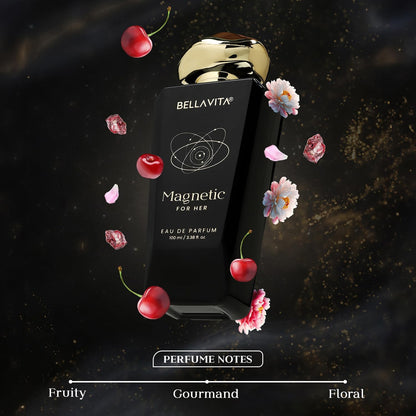 Bellavita Magnetic for Her perfume bottle with cherry and flower elements on a dark background