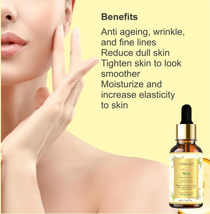 Skincare product with benefits listed on a yellow background