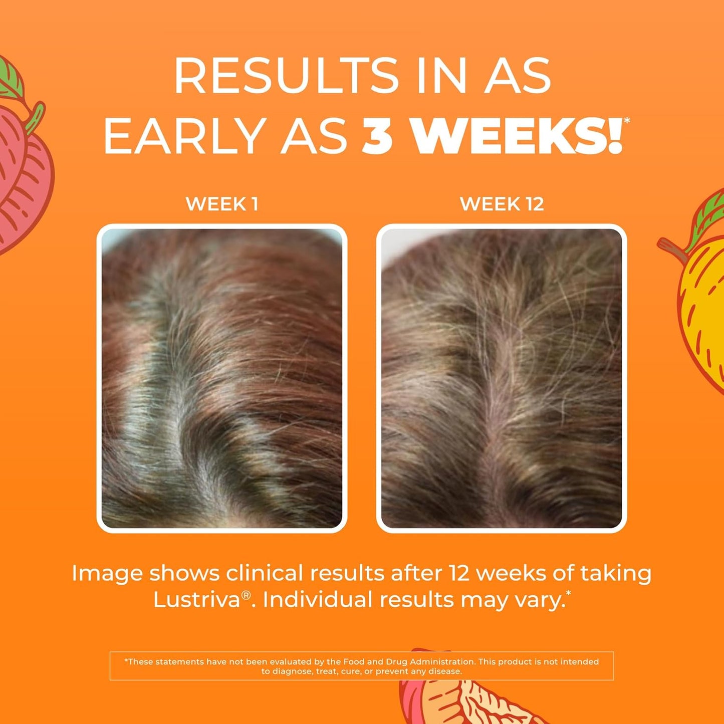 Advertisement showing hair growth before and after using a product with Lustriva, on an orange background.