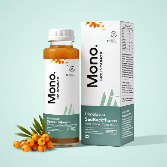Mono Mountain Himalayan SeaBuckthorn+ bottle and packaging on a light blue background