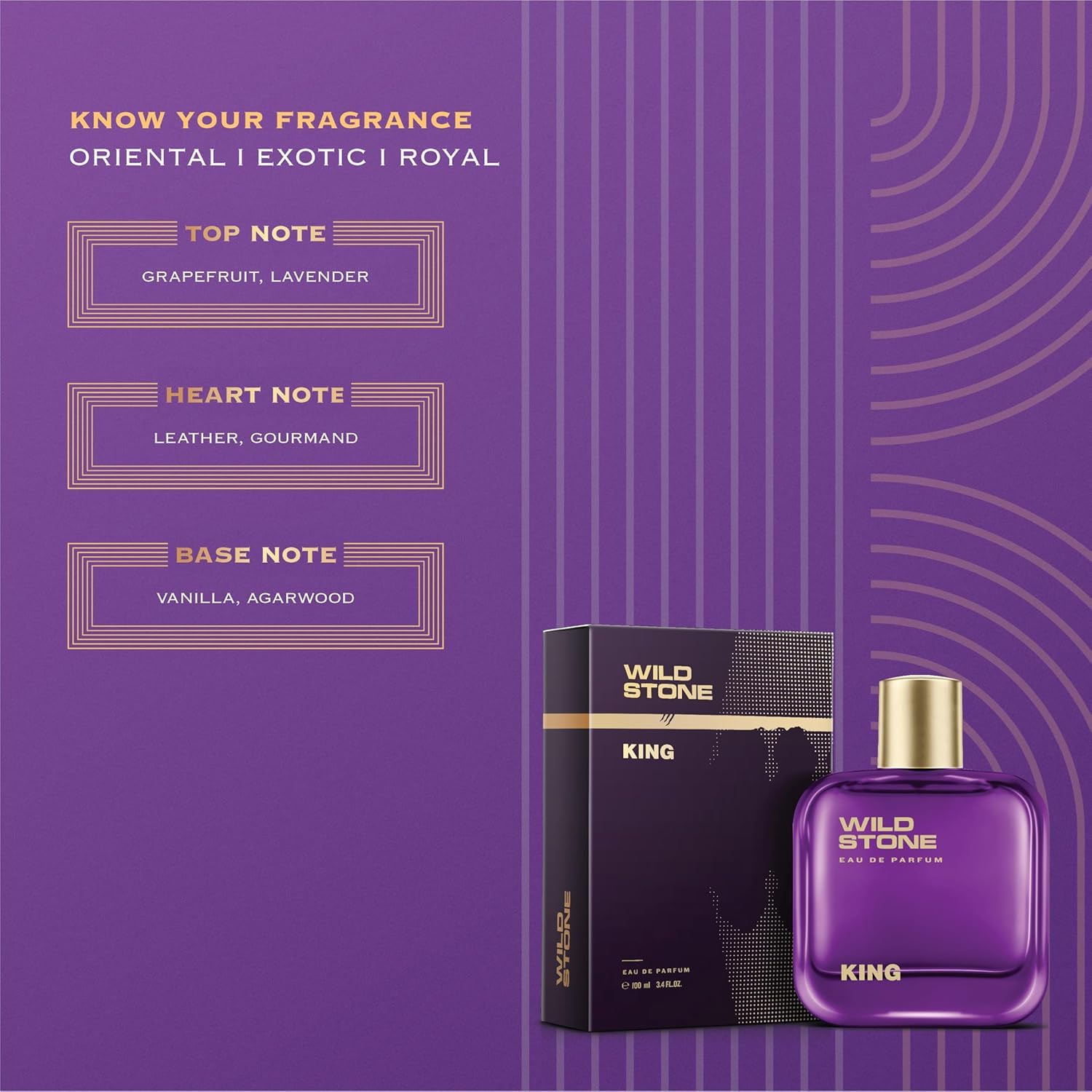 Wild Stone King perfume bottle and packaging on a purple background with fragrance notes.
